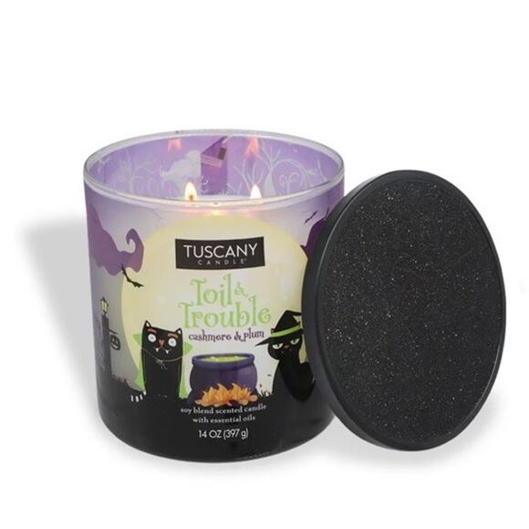TUSCANY Candle Cashmere Plum Halloween Essential Oils 14 Oz Ltd Ed. Toil Trouble - Picture 2 of 2